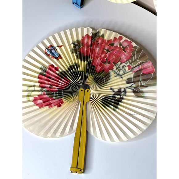 Vintage 1949-1960 PRC Set of 3 Paper Hand Fans Folding Bird Flowers Metal Handle - Picture 4 of 10
